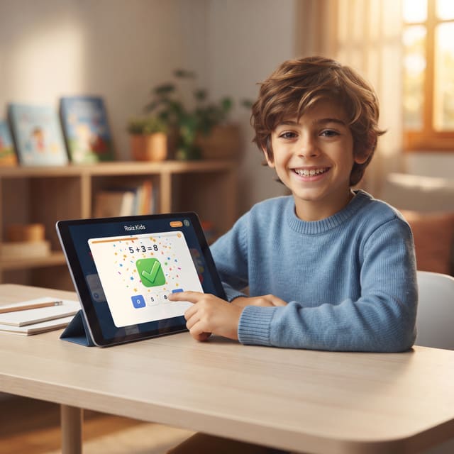 Garoto sorrindo ao acertar o Desafio do dia da Raiz Kids no tablet